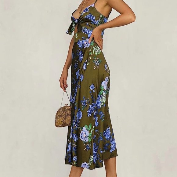 Spaghetti Strap Midi Satin Dresses Tie Front Backless Split Hollow Dress - Picture 2 of 3